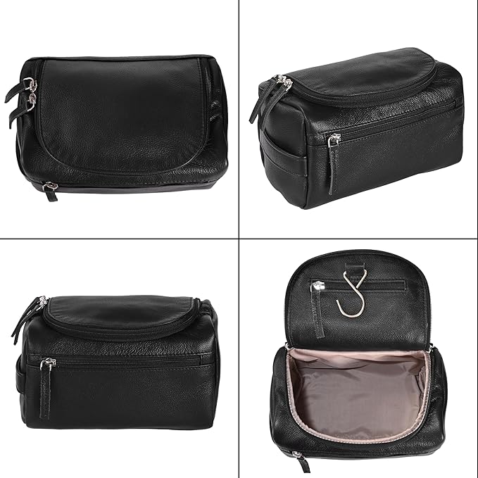 ELIZO Premium REAL Leather Toiletry Bag for Men Dopp Kitt Hanging Mens Toiletry Large TSA Toiletries Bag Shaving Grooming Bag Organizer Black