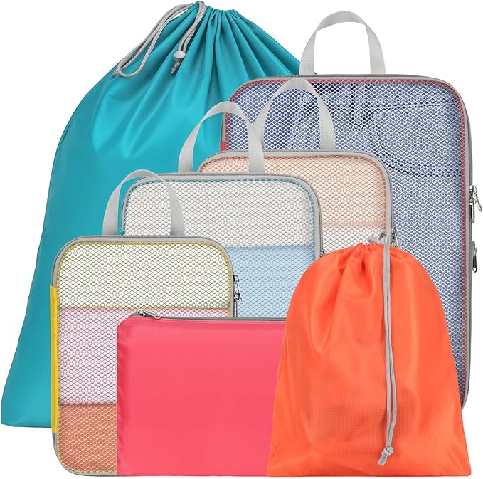 Cambond Compression Packing Cubes for Travel - 7 Set Multi-color See Through Mesh Compression Cubes for Travel Essentials, Space Saving Luggage Packing Organizers Bags for Carry on Suitcases