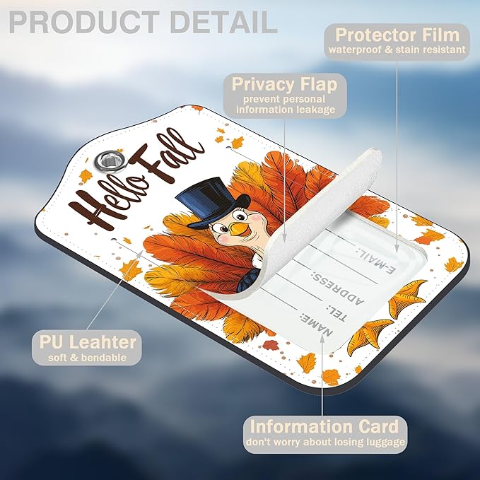 Hello Fall Turkey Set of 2 Luggage Tags for Suitcases Leather Suitcase Tags Identifiers with Privacy Name Address Label and Stainless Steel Loop for Women Men Travel Luggage Accessories