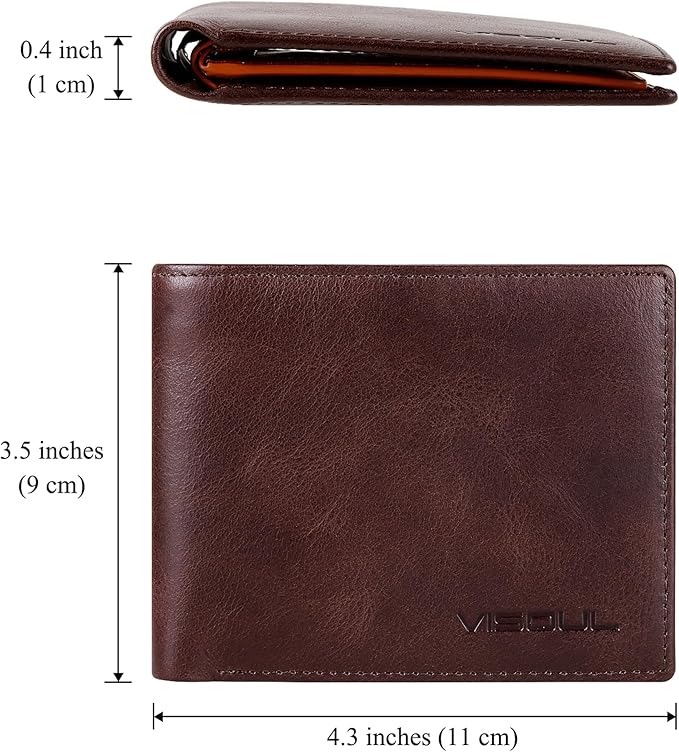 VISOUL Men's Leather RFID Blocking Wallet Extra Capacity, Bifold Security Wallet for men with 2 ID Windows 8 Card Slots 2 Cash Compartments (Coffee and Dark Orange)
