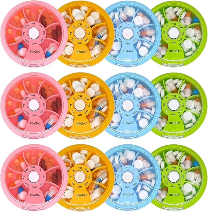 12PCS INVODA Weekly Pill Organizer 7 Compartment Rotating Pill Box for Daily Medication & Vitamins - Portable Travel Pill Case Fish Oil Supplements Vitamins Organizer