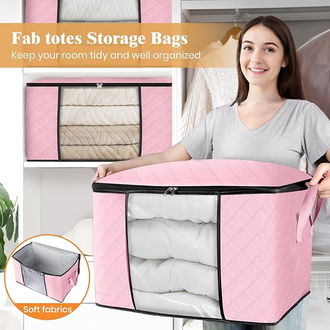 Fab totes 24 Gallons Clothes Storage, Foldable Thick Fabric Blanket Storage Bags, Containers for Organizing Bedroom, Closet, Clothing, Comforter, Organization with Handle (6 Pack,Pink)