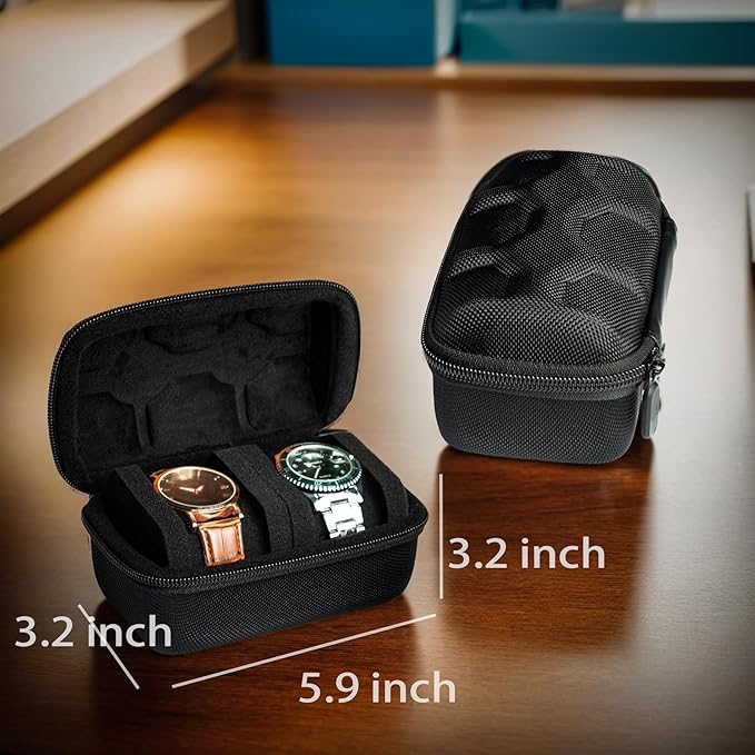 2 slot Hard Watch Travel Case, Watch Roll Case Storage and Organizer for Men and Women, with anti-move watch pillow (Black fabric 2 slot)