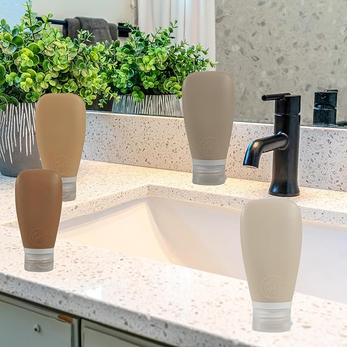 Travel Bottles for Toiletries, TSA Approved 3oz Leak Proof Silicone Refillable Squeeze Travel Size Containers BPA Free for Cleansers, Lotions, Shampoo w/Clear Bag (NEW earth tone set)