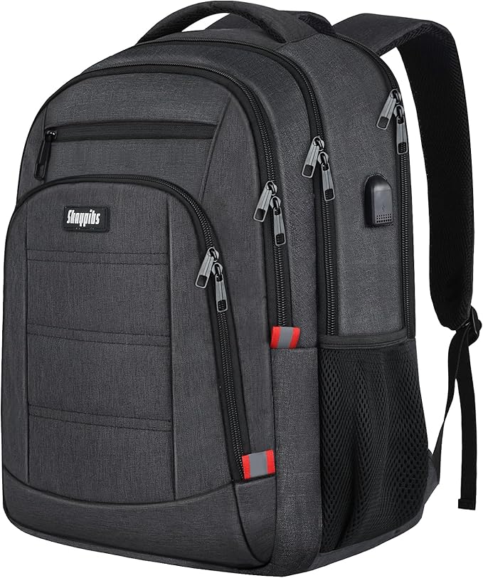 Backpack for Men Women, School Backpack, Large Quilted College Bookbag for Men, Water Resistant Travel Work Backpacks, Business Computer Back Pack with USB Charging Port, Fits 17" Laptop Black