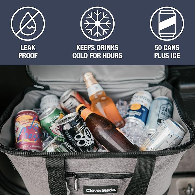 CleverMade Collapsible Insulated Cooler Bag – Leakproof Soft Folding Cooler for Beach, Travel, Car