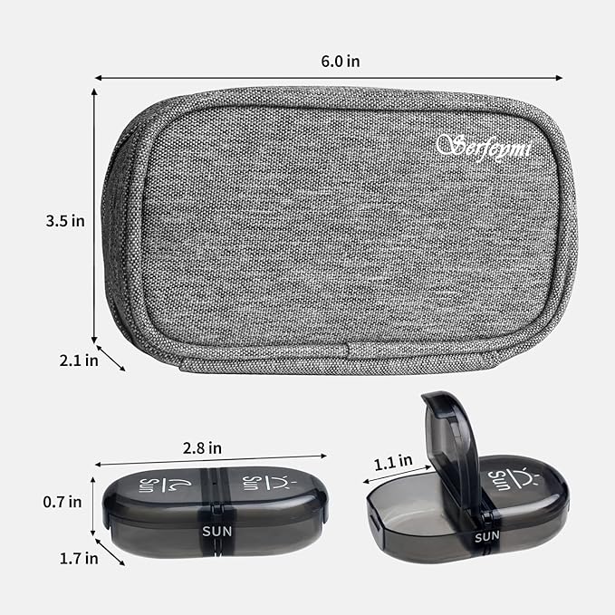 Serfeymi Weekly Travel Pill Organizer 2 Times A Day AM PM Upgraded Black Pill Box 7 Day with Portable Zipper Canvas Pill Case, Medicine Organizer for Pills, Vitamins, Supplements, Fish Oils - Grey 01