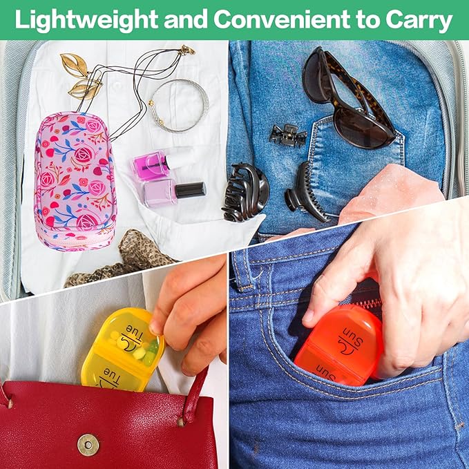 Serfeymi Weekly Travel Pill Organizer 2 Times A Day AM PM Upgraded Rainbow Pill Box 7 Day with Portable Zipper Canvas Pill Case, Medicine Organizer for Pills, Vitamins, Fish Oils - Pink 01