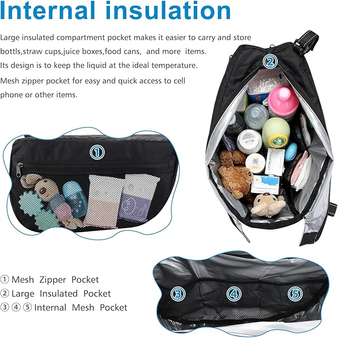 Accmor Insulated Side Sling Stroller Saddle Bag Organizer, Universal Stroller Organizer, Stroller Bag Caddy Organizer, Black
