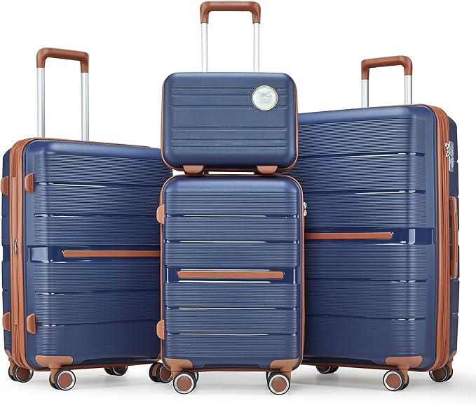 Campfun Luggage Sets 4 Piece, Expandable Carry On Luggage Set Hardshell PP, Suitcase Set with Double Spinner Wheels, Checked Durable Lightweight with TSA Lock, 14/20/24/28in, Blue Brown(A)