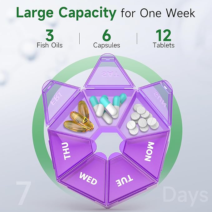 Weekly Pill Organizer, 2 Pack Portable Pill Box Medicine case 6 Colors (Seven Day) New Edition for Vitamin/Fish Oil/Pills/Supplements-Arthritis Friendly (Purple)