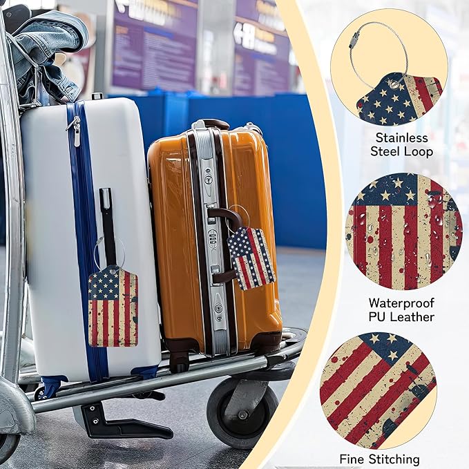 3 Pack PU Retro American Flag Leahter Luggage Tag with Stainless Steel Loop,Travel Suitcase Labels with Privacy Cover ID Label Quickly Spot for Bags