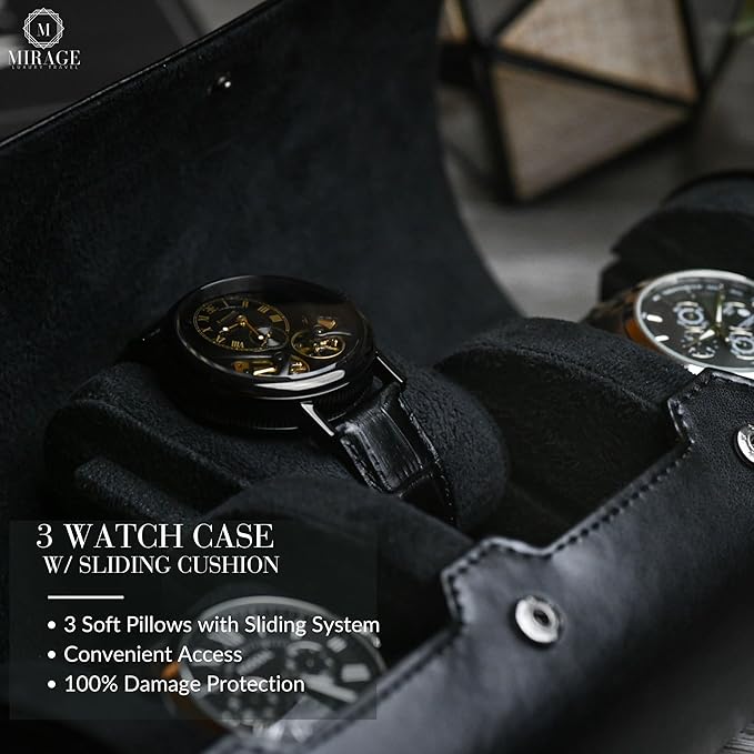 Travel Watch Case – 3 Watch Organizer Travel for Men - Watch Carrying Case Holder and Display - Super Black Motif Vegan Leather