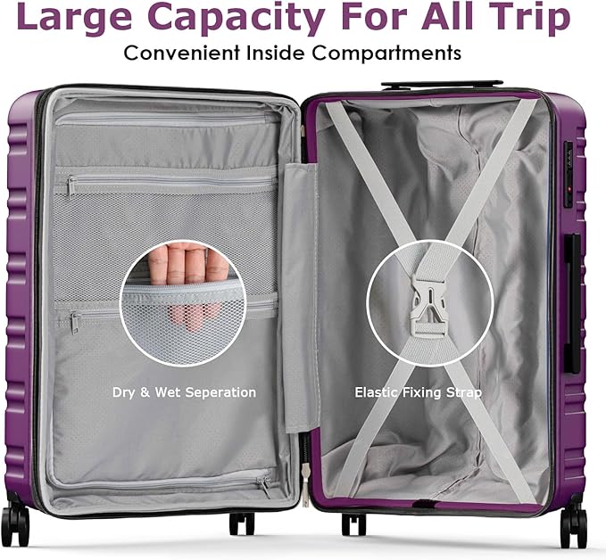 BEOW 3 Piece Luggage Sets For Women with Spinner Wheels, Durable Polycarbonate Hardside Expandable Suitcase Sets 3 Pcs, Stylish Lightweight Travel Luggage with TSA Lock 20 24 28 Inch Purple