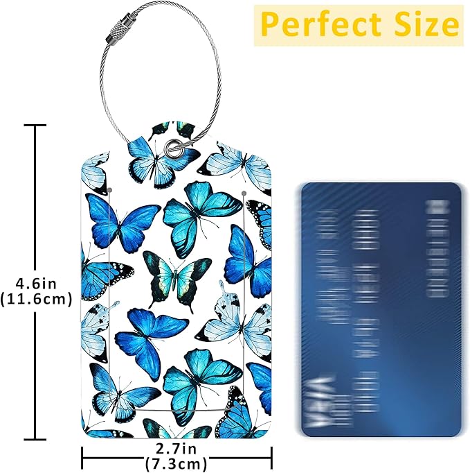 2 Pack Luggage Tag for Suitcase,Beautiful Blue Butterfly PU Leather Suitcase Tags Identifiers with Privacy Name Address Labels and Durable Steel Loop for Women Men Travel