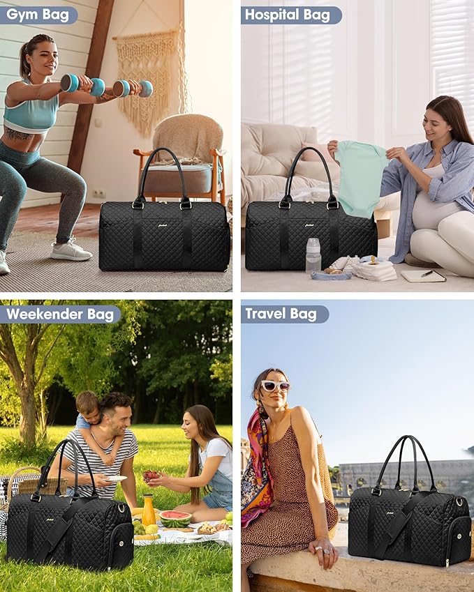 Weekender Travel Duffle Bag for Women - Carry on Bag with Shoe Compartment Overnight Bags with Wet Pocket Toiletry Bags Weekend Yoga Gym Traveling Hospital Bags for Labor and Delivery Black