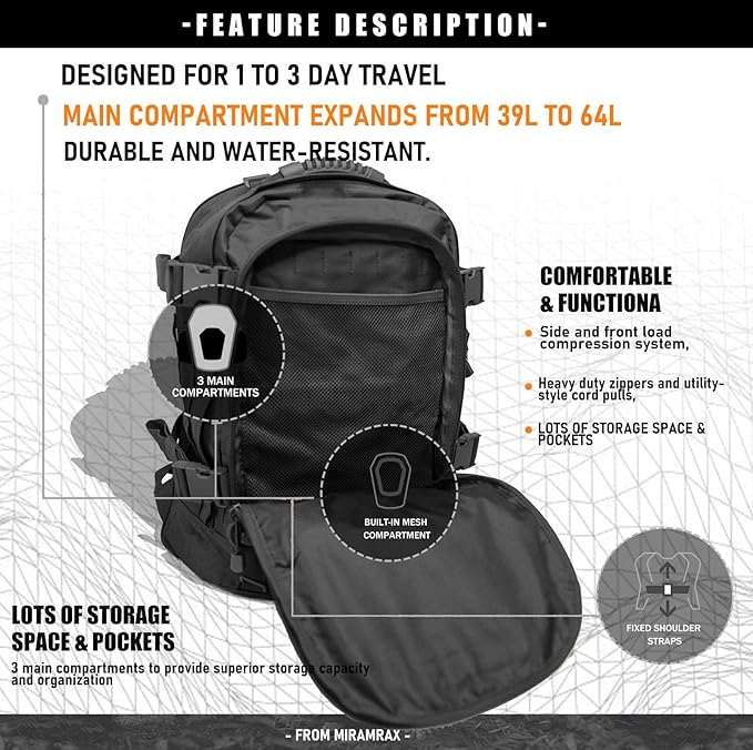 Tactical Backpack Military Backpacks for Men Army Expandable 3 Day Assault Pack Molle Backpacks Bug Out Bag for Camping Hiking Rucksack Fishing