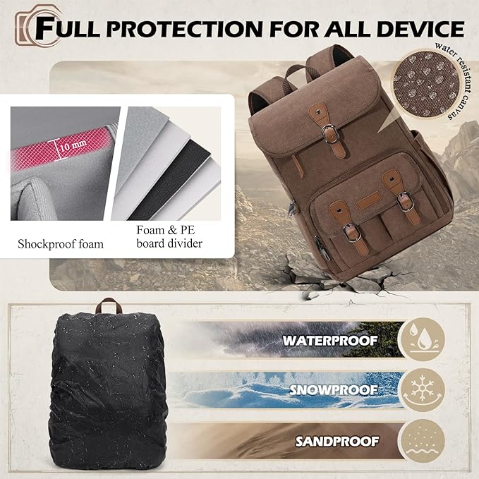 RAINSMORE Camera Bag Backpack for DSLR/SLR Mirrorless 15.6 Inch Laptop Camera Back Pack for Photographers Anti-Theft Photography Bags Case with Tripod Holder & Rain Cover, Coffee