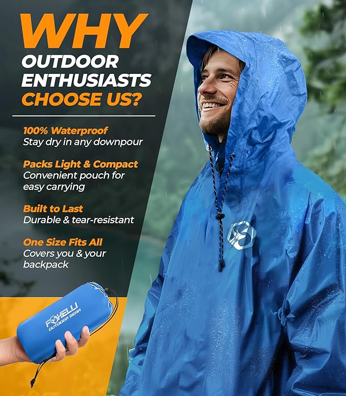 Foxelli Rain Poncho for Adults – Extra Long Reusable Waterproof Raincoat with Hood, Lightweight for Hiking, Camping, Outdoors