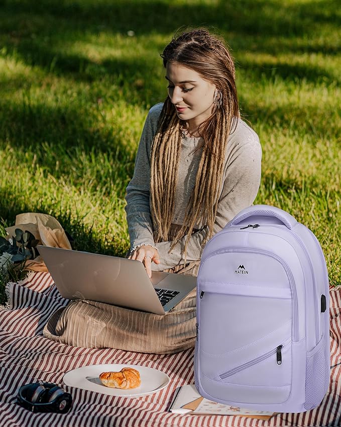 MATEIN College School Backpack for Women, 17 Inch Large College Laptop Bookbag TSA Approved, Anti Theft Multiple Pockets Computer Carry On for Work Travel, Light Purple