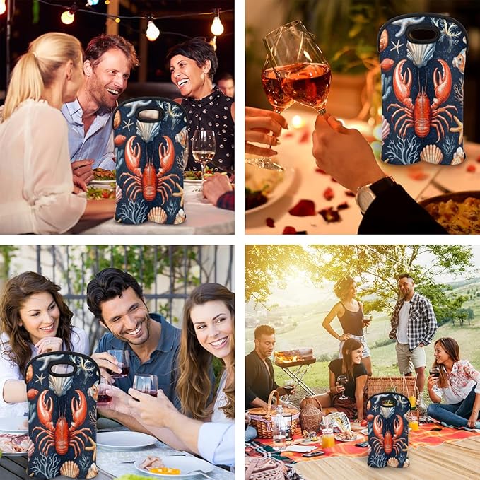 Neoprene Wine Tote, Bottle Carrier Gag Insulating Neoprene Thicker, Insulated Wine Bag for Travel Holds Two Bottles, Bottle Carrier Bags Protect the Bottles, Red Lobster