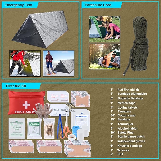 Survival Kit, Gifts for Christmas Men, Women, 251pcs Emergency Survival Gear and Supplies Equipment, First Aid Kit with Crossbody Bag, Camping Essentials for Earthquake, Hiking, Outdoor Adventure