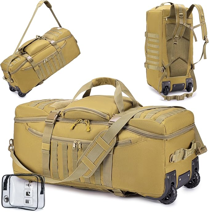 KSIBNW Rolling Duffel Bag with Wheels and Handle, 4 In 1 Tactical 86L Military Backpack with Hidden Straps,Waterproof Wheeled Large Duffle Bag for Travel,Durable MOLLE Luggage for Men & Women, Khaki