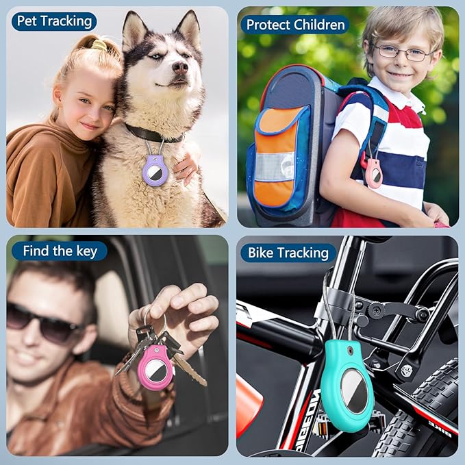 Waterproof Airtag Holder,4 Pack Airtag Case with Secure Lock,Airtags Keychain for Apple Airtag,Anti-Lost Protective Case Air tag Accessories for GPS Tracker Luggage,Key,Pet-Rose Pink/Green/Pink/Purple