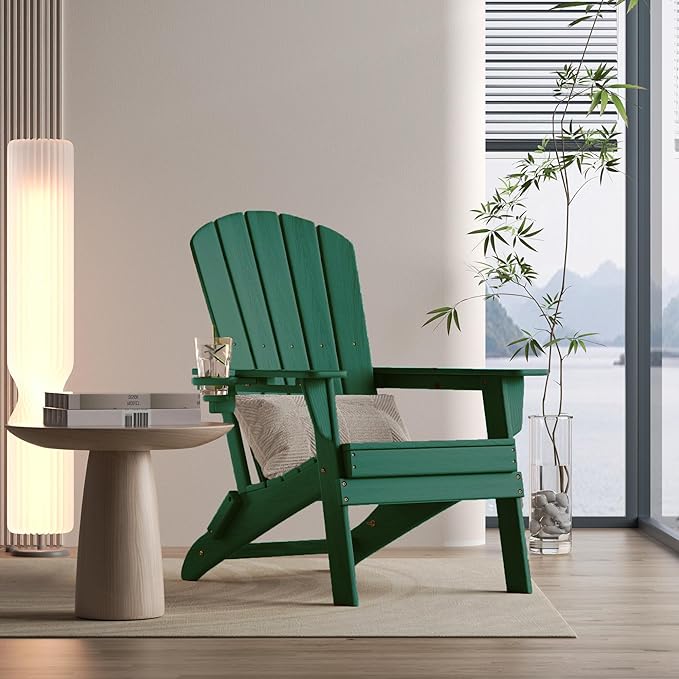 Folding Adirondack Chair - Extended Ergonomic Backrest, Cup Holder - Easy Assembly - Durable HDPE Plastic, Weather Resistant & Maintenance-Free - Lawn, Patio, Deck Supports 400lbs Green