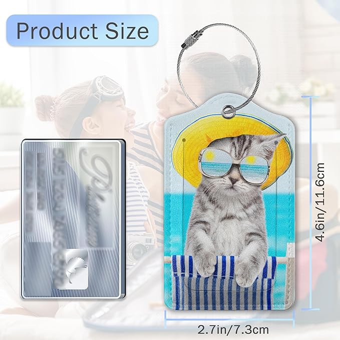 Luggage Tags for Suitcase,Cat Dog Sunglasses Beach Luggage Tags of Set 2 Leather Identifiers Privacy Cover with Stainless Steel Loop for Women Men Travel Bag Suitcase