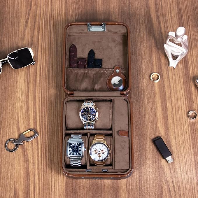 KAMIER Watch Case with Combination Lock - 4 Watch Storage and Jewelry Organizer - Watch Travel Case for Ring and Watch Storage, PU Leather Travel Watch Case, Ideal for Gift (With Gift Box), Brown