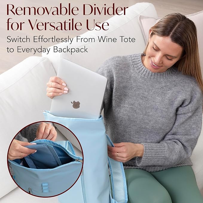 Two Bottle Rolltop Wine Tote Bag – Stylish PU Leather Wine Backpack with Matching Tumblers – Compact & Lightweight Wine Carrier with Padded Straps & Compartments for Travel & Picnics – Light Blue
