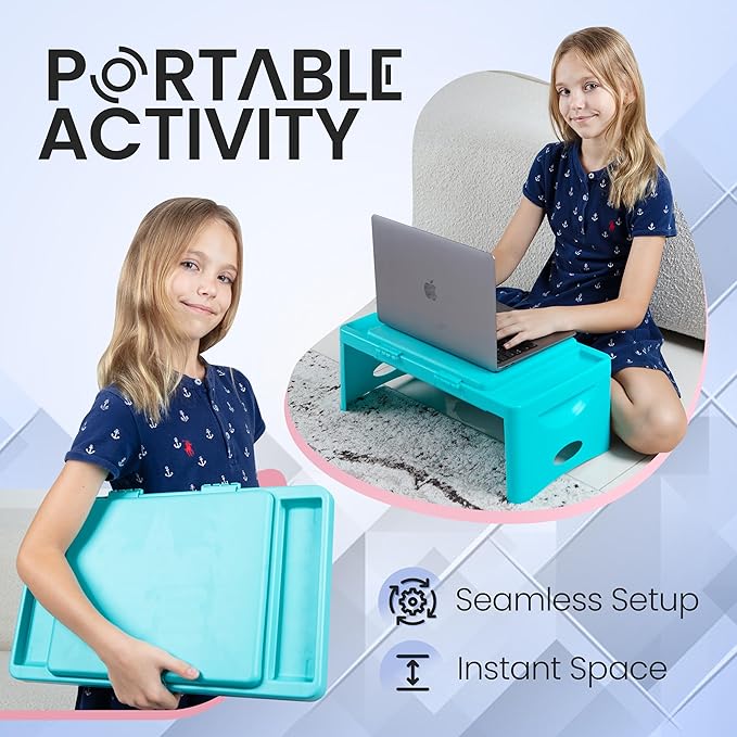 Loddie Doddie Foldable Lap Desk for Kids & Adults - Teal Blue Portable Plastic Table with Storage Pocket & Trays - Bed Desk, Car Tray & Travel Lap Table