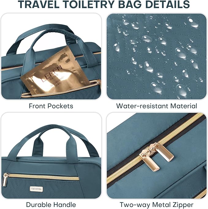 Hanging Toiletry Bag for Women Travel, 2 Sizes Large & Small Waterproof Cosmetic Organizer with 4 Compartments, Rotating Hook, Foldable Pink Travel Bag for Toiletries & Makeup, Large Lake Blue