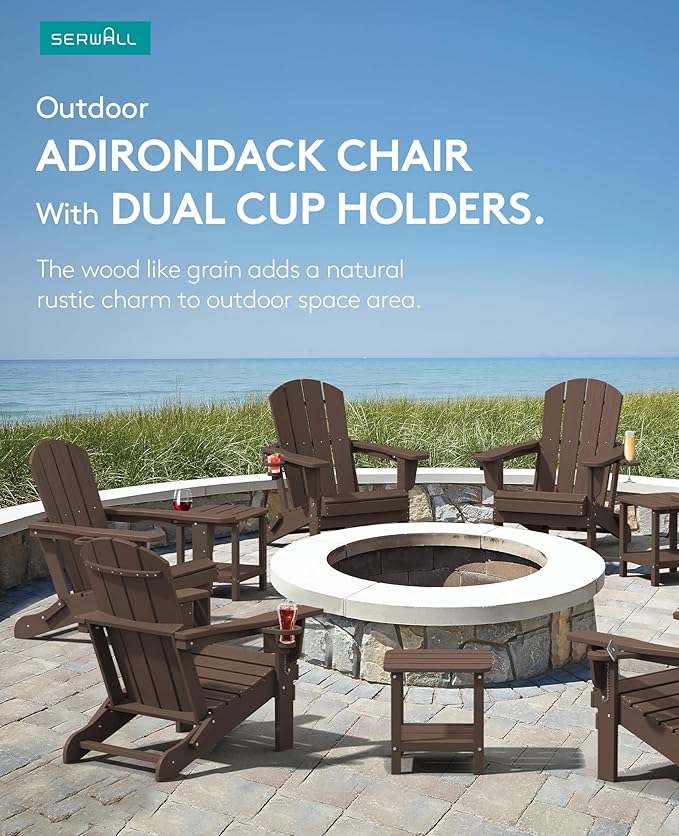 SERWALL Adirondack Chair with Cup Holders - Composite Adirondack Chairs Set of 4 HDPE Outdoor Chairs All Weather Use- Coffee