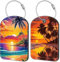 Sunset Beach and Palm Tree Leather Luggage Tag for Suitcase 2 Pack Luggage Tag with Privacy Name ID Label and Stainless Steel Loop for Travel Bag Suitcase