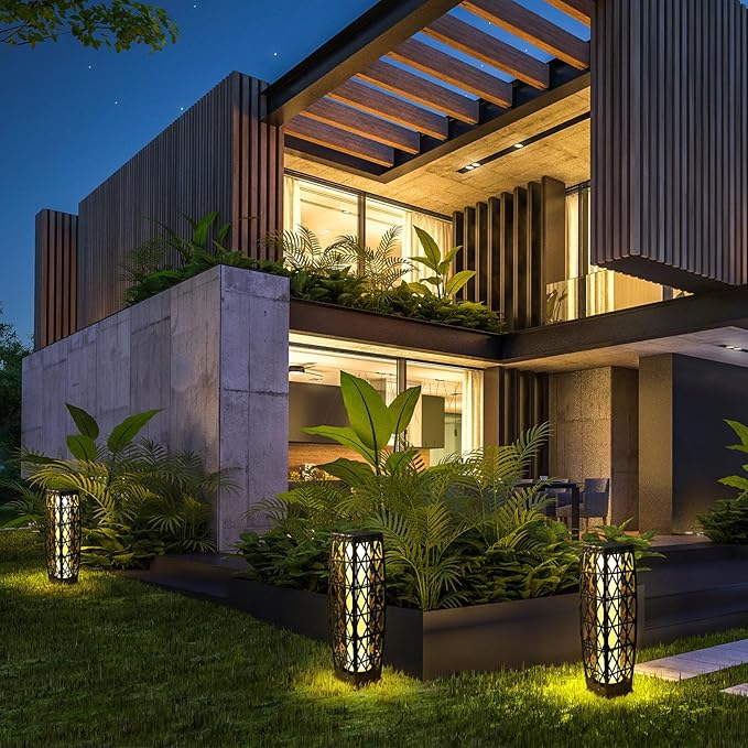Solar Powered Outdoor Floor, 2 Piece Solar Outdoor Floor Lamps Lanterns Waterproof, Resin Wicker Weather-Resistant Rattan Deck Light for Patio, Lawn, Porch, Garden