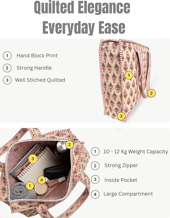 Cotton Quilted Tote Bag for Women – Large Beach & Travel Tote with Zipper, Reusable Grocery Bag