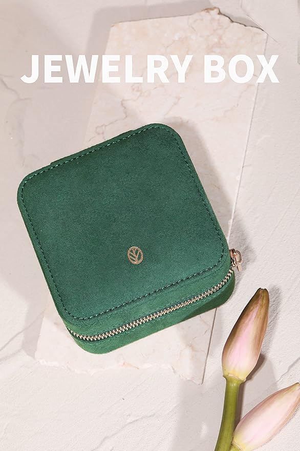 S.Leaf Travel Jewelry Organizer Travel Jewelry Boxes for Women Small Jewelry Travel Case Box Portable Travel Jewelry Case Travel Case Mini Jewelry (08_Suede_Touch_Emerald)