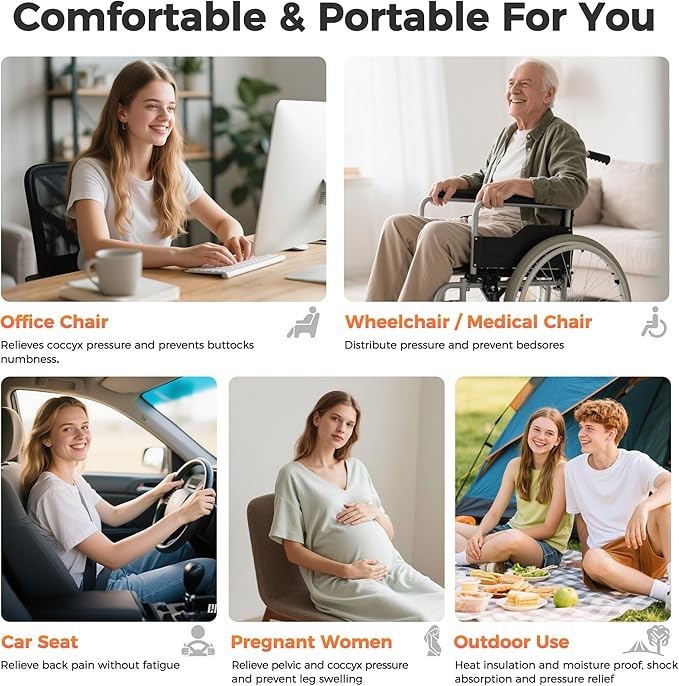 Inflatable Seat Cushion, Airplane Seat cushion for Long flights Without Air Pump, Pressure Relief Seat Cushion, Wheelchair cushions Applicable to Various Scenarios, Relief Discomfort in Coccyx&Buttock