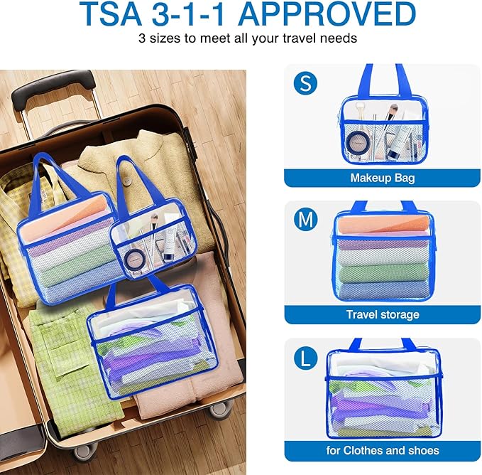 XEWEA Clear Travel Toiletry Bags, 3 Pack TSA Approved Transparent Makeup Bag for Men Women, Large Waterproof PVC Quart Organizer with Zipper for Toiletries Airline Essentials,Toy Storage Pouch Blue
