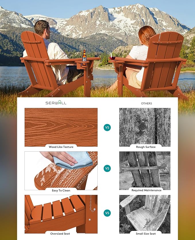 SERWALL Adirondack Chair with Cup Holders - Composite Adirondack Chairs Set of 2 HDPE Outdoor Chairs All Weather Use- Orange