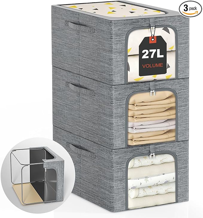 GoMaihe Clothes Storage Bins Metal Frame: 3-Pack Compact Stackable Closet Storage Bin with Lid & Clear Window, Space Saving Organizer for Sweaters Kids Clothes (Dorm/Closet 27L)