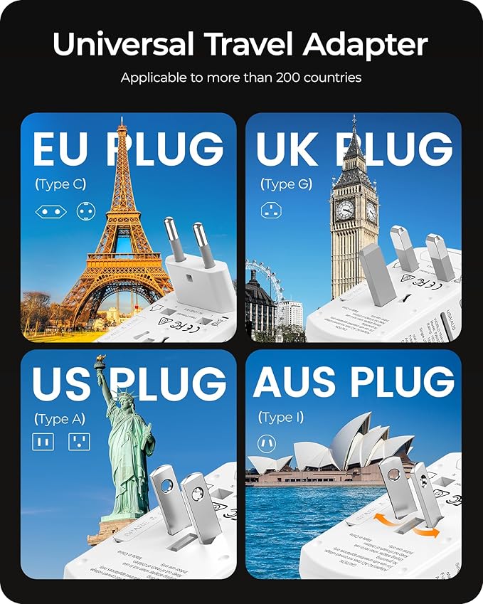 LENCENT Universal Travel Power Adapter, International AC Plug Adaptor with 2 USB C 2 USB A Ports Wall Charger Worldwide Travel Essentials for US to EU UK Ireland Australia (Type C/G/A/I), White