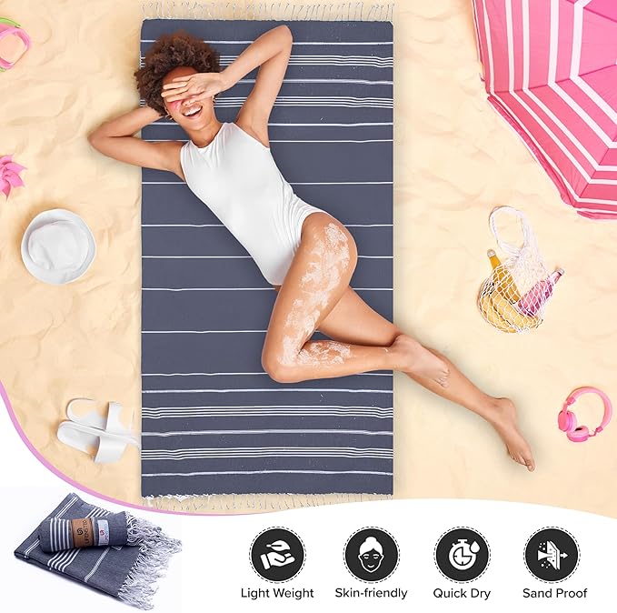 Oversized Sand Resistant Prewashed Turkish Cotton Quick Drying, Compact, Lightweight Beach, Bath, Pool, Gym, Yoga Towel - 40x71