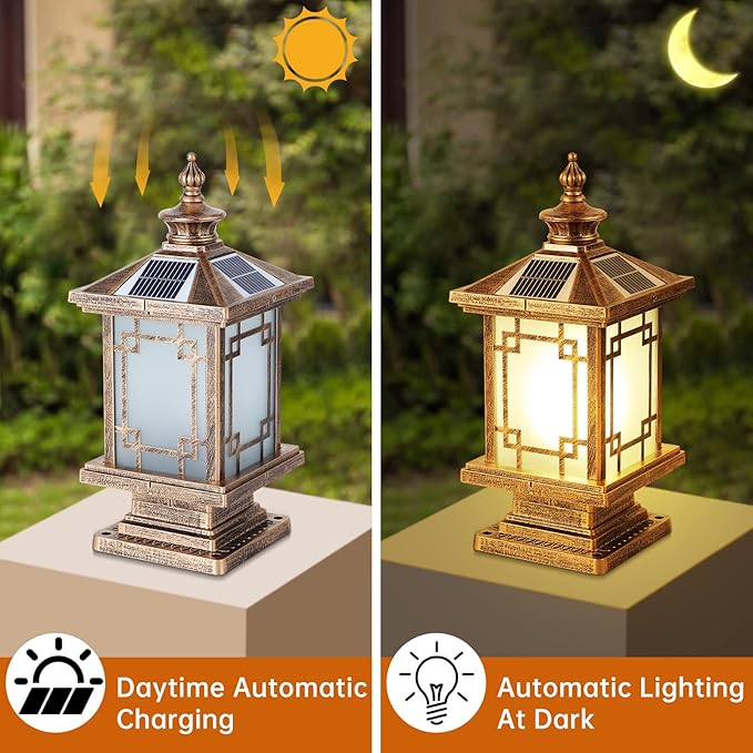 LED Solar Post Light Outdoor, Aluminum Fence Post Cap Lamp Remote Control Dimmable Pillar Lights Solar IP65 Waterproof Column Light, 15.7" X 7.3" Pillar Pedestal Lantern for Garden Yard