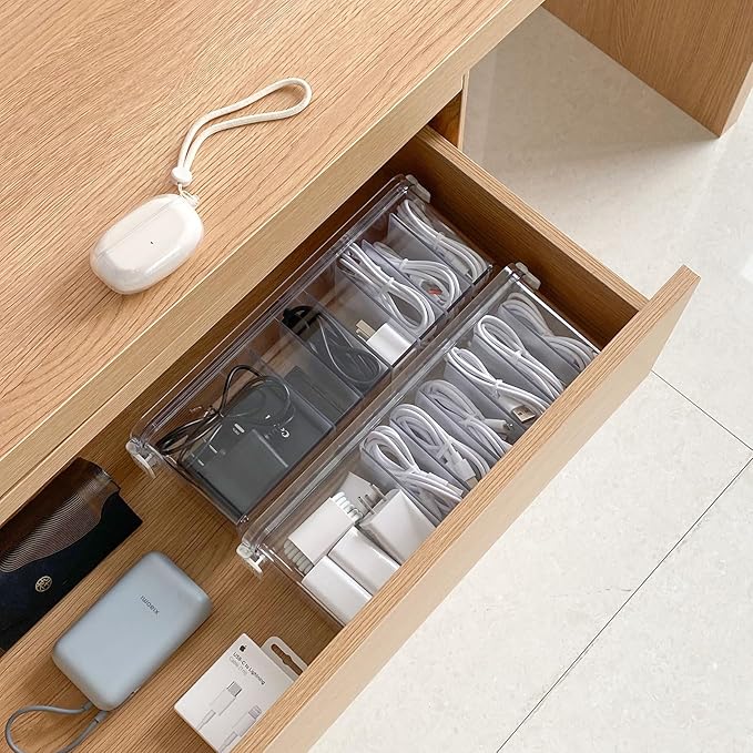 Yesesion Plastic Cable Organizer Box with 7 Compartments, Clear Cords Storage Case for Desk Drawer Accessories, Phone Charger, Art Crafts, Stationery Holder for Marker Pen, Pencils, Crayons