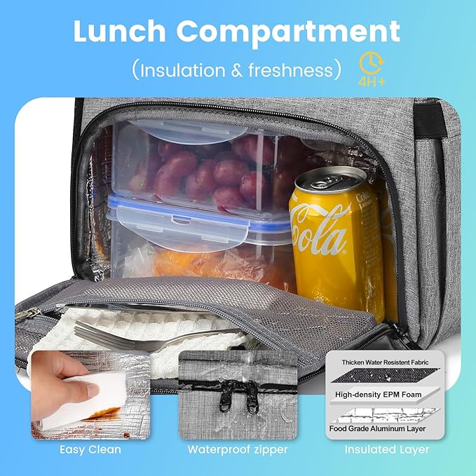 Lunch Backpack, Insulated Cooler Backpack Lunch Box for Men Women, 15.6 Inches RFID Blocking Laptop Backpack with USB Port for Work Travel Picnics Hiking Grey