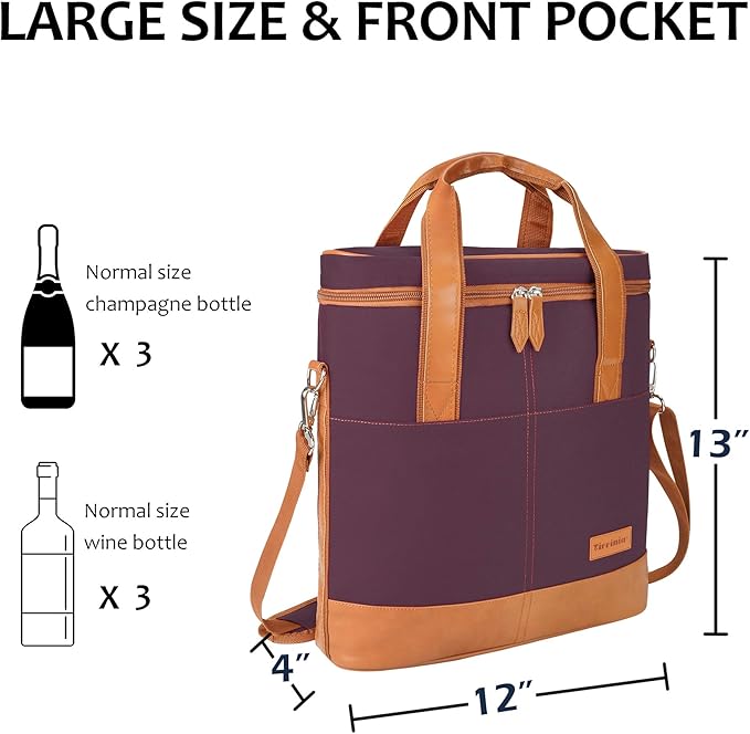 Tirrinia Insulated Wine Gift carrier - 3 Bottle Travel Padded Wine Carry Cooler Tote Bag with Handle and Adjustable Shoulder Strap, Purple