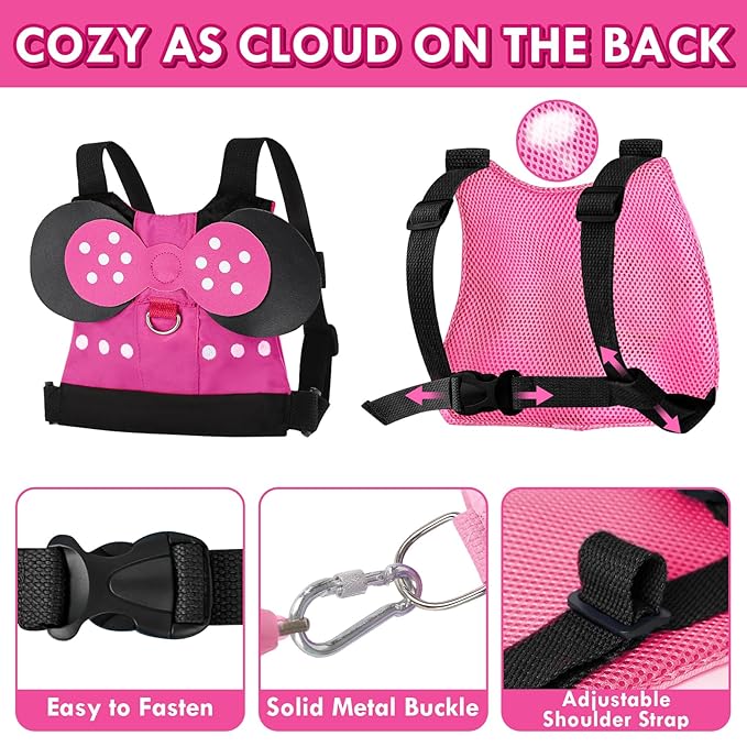 Lehoo Castle Toddler Leash for 1-5 Years, Baby Safety Harness for Girls with Anti-Lost Key Lock & Adjustable Strap, 3-in-1 Wrist Leash and Kids Backpack Harness for Walking Travel (Pink Minnie Mouse)